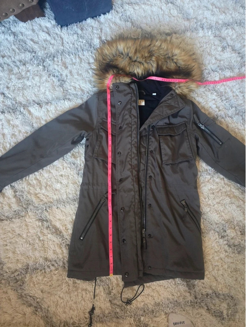 S13 New York Eskimo army green parka jacket with fur hood, size S